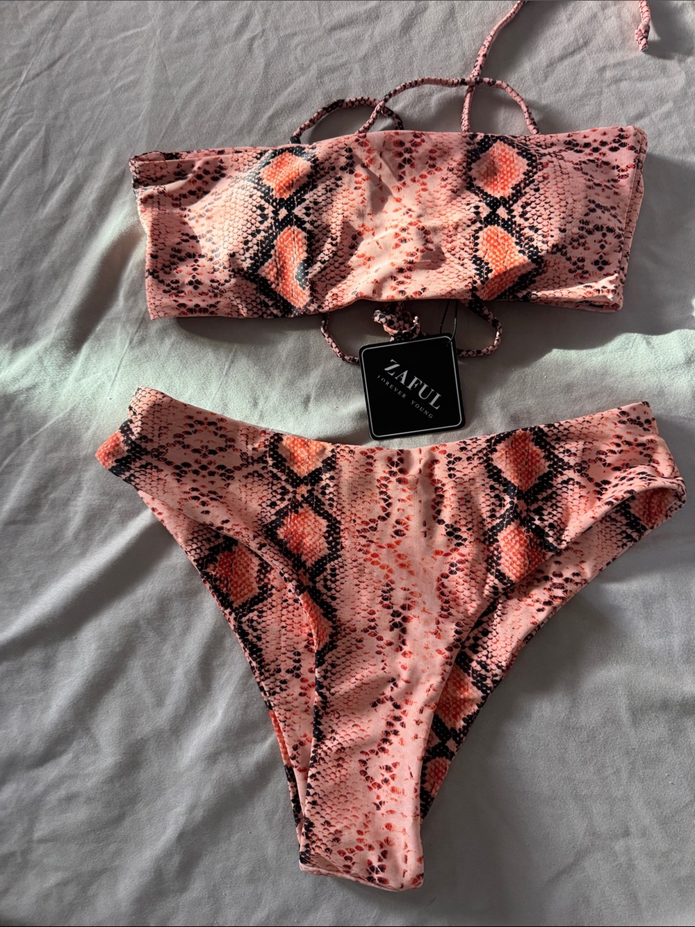 Zaful Pink Snake-Print Bandeau Bikini with Removable Strap